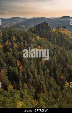 Splendida e romantica vista sulle incredibili e profonde foreste del parco nazionale della Svizzera boema. Foreste e rocce uniche nell'Europa centrale. Foto Stock