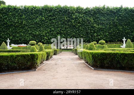 Questo lussureggiante giardino presenta un'abbondanza di vegetazione, tra cui alberi ricoperti di viti e altre piante Foto Stock