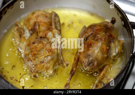 Friggere e arrostire i piccioni farciti con riso bianco o mahshi Hamam, bolliti fino alla cottura, quindi arrostiti, fritti in olio caldo o grigliati, piccioni ripieni Foto Stock