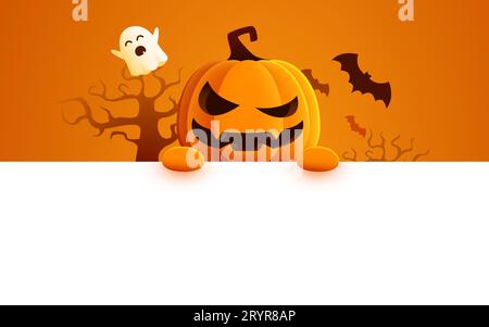 Modello di messaggio di saluto carattere zucca. Zucca di Halloween con un cartello bianco di saluto con spazio per i messaggi. Illustrazione vettoriale. Illustrazione Vettoriale