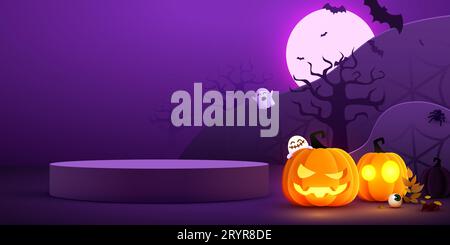 Podio di Halloween con zucche, pipistrelli e fantasmi. Illustrazione vettoriale Illustrazione Vettoriale