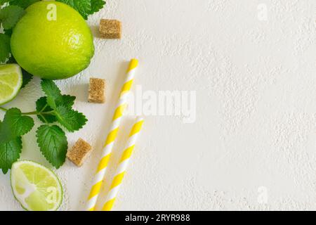 Ingredienti per la cottura mojito su uno sfondo bianco con spazio di copia Foto Stock