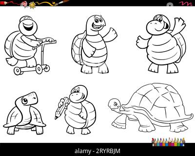 Cartoni animati in bianco e nero illustrazione di tartarughe divertenti rettili fumetti personaggi animali impostare la pagina da colorare Foto Stock