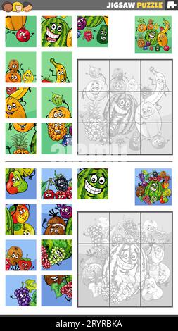 Illustrazione cartoon di attività didattiche puzzle jigsaw insieme con il gruppo di personaggi frutta Foto Stock