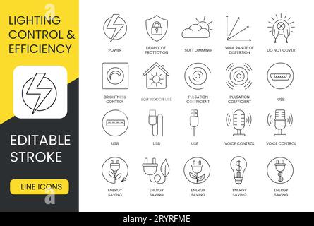 Set di icone di linea efficienti per illuminazione e controllo in vettoriale, corsa modificabile, coefficiente di pulsazione, usb e per uso interno, ampia gamma di dispersione Illustrazione Vettoriale