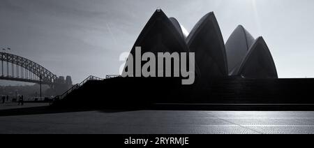 Sydney Opera House avvolta nella nebbia mattutina, i monumentali scalini, le vele e l'Harbour Bridge, un panorama di scuri contrasti in bianco e nero granuloso Foto Stock