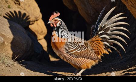 Un primo piano vibrante di un orgoglioso gallo che si trova accanto a un gruppo di terreni rocciosi in un ambiente luminoso e soleggiato Foto Stock