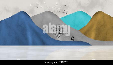 sfondo paesaggio murale con illustrazione 3d. montagne blu, grigie e marroni. alberi neri, cervi e uccelli su sfondo chiaro. salotto parete decorata per la casa Foto Stock
