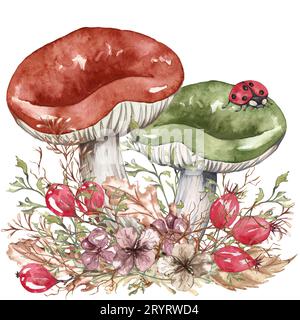 Composizione autunnale acquerello in stile vintage. Funghi selvatici dipinti a mano con foglie e ramoscelli secchi. Composizione forestale Foto Stock