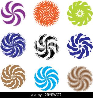 Spirali grafiche astratte: Movimento circolare, set di rotoli dinamici radiali.Design vettoriale, cerchio di turbolenza. forme rotanti. Set di volantini, cerchio Illustrazione Vettoriale