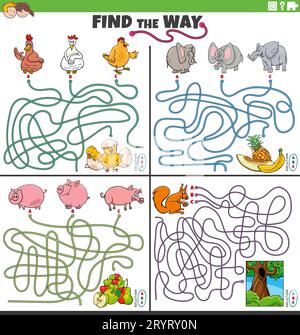 Illustrazione a cartoni animati di giochi puzzle Find the Way ambientati con personaggi di animali comici Foto Stock