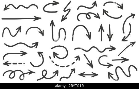 Frecce disegnate a mano per la raccolta. Impostare frecce semplici isolate su sfondo bianco. Illustrazione Vettoriale