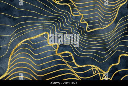 astratto 3d, linee ondulate dorate e marmo su sfondo blu scuro. Moderna carta da parati decorata con pareti. Foto Stock