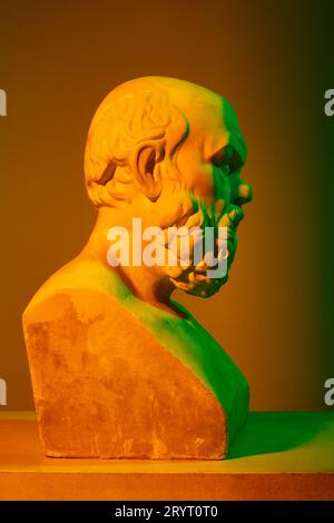Antico busto di statue sullo sfondo gradiente dello studio con luci al neon. Copia gesso. Concetto di arte e mitologia Foto Stock