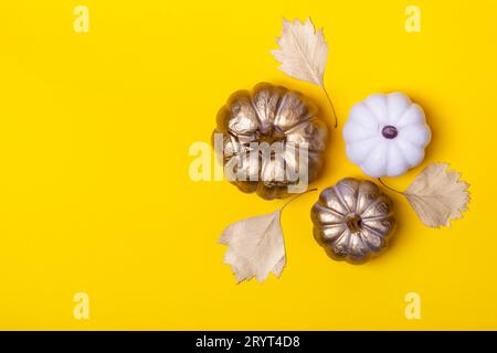 Sfondo minimalista autunnale con zucche decorative e foglie d'oro Foto Stock