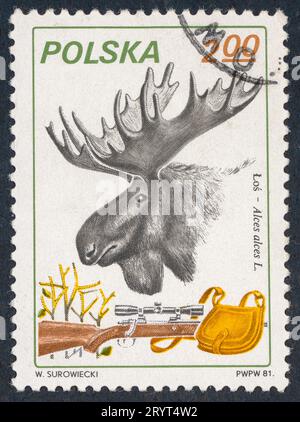 Alci o alci (Alces alces). Timbro postale della serie Game Animals rilasciato in Polonia nel 1981. Foto Stock