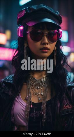 Una giovane donna che ascolta musica in un ambiente urbano Foto Stock