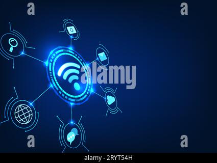 Tecnologia Wi-Fi, icona Wi-Fi all'interno del cerchio tecnologico e icona integrata con la scheda a circuiti stampati. Si riferisce alla distribuzione del wireless Illustrazione Vettoriale