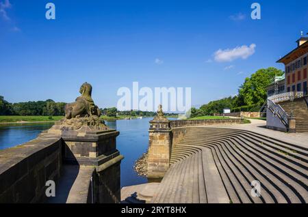 Pillnitz, Dresda, Sachsen, Deutschland Barocke Freitreppe von Pöppelmann und Longuelune am Elbufer und Elberadweg vor Schloss Pillnitz, Dresda, Sachsen, Deutschland, nur zur redaktionellen Verwendung. Scalinata barocca di Pöppelmann e Longuelune sulle rive del fiume Elba e pista ciclabile dell'Elba di fronte al Palazzo Pillnitz, Dresda, Sassonia, Germania, solo per uso editoriale. Foto Stock