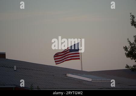 Una grande bandiera americana si è mostrata orgogliosamente nel cielo con un albero sotto di esso in primo piano Foto Stock