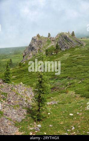 Scogliere di pietra sul lato della montagna. Catena montuosa Seminsky in Altai Foto Stock