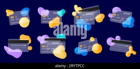 Carta di credito in stile glassmorfismo. Carte bancarie effetto sfocato, vetro smerigliato trasparente. forme astratte colorate in 3d, vettoriale in plastica opaca Illustrazione Vettoriale