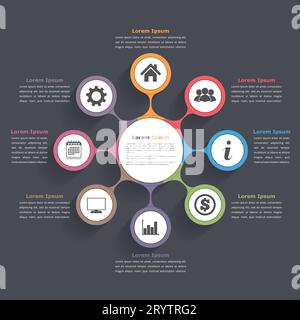 Infografiche con diagramma circolare con otto elementi con icone e testo, modello di diagramma di flusso circolare, infografiche aziendali, modello di diagramma piatto, vettore Illustrazione Vettoriale