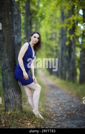 Donna in abito blu addossata a un tronco d'albero in autunno vicolo di tiglio. Foto Stock