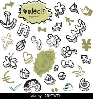 Set di oggetti oggetti elementi icone con valuta, Euro e Dollar Money Doodles in vari colori - illustrazione disegno vettoriale da disegno a mano Illustrazione Vettoriale