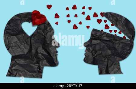 Silhouette in carta di uomo e donna in carta nera e cuori rossi, concetto d'amore Foto Stock