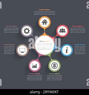 Infografiche con diagramma circolare con sette elementi con icone e testo, modello di diagramma di flusso circolare, infografiche aziendali, modello di diagramma piatto, vettore Illustrazione Vettoriale