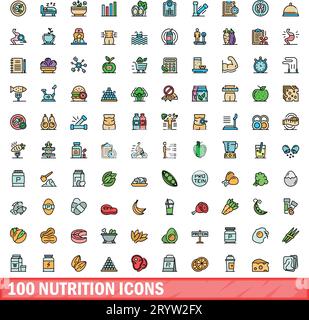 100 set di icone nutrizionali. Set di linee colorate delle icone dei vettori di nutrizione linea sottile di colore piatta su bianco Illustrazione Vettoriale