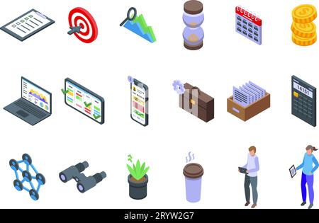 Le icone di Project Management impostano il vettore isometrico. Software team. Lavoro d'affari Illustrazione Vettoriale