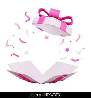 Confezione regalo 3d con nastri Flying Pink e stelle. Concetto di promozione, sconto, vendita, regalo. Aprire la scatola con spazio vuoto. Illustrazione del rendering vettoriale in P. Illustrazione Vettoriale