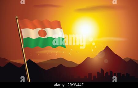 bandiera con sfondo al tramonto di montagne e laghi Illustrazione Vettoriale