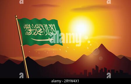 Bandiera dell'Arabia Saudita con sfondo al tramonto di montagne e laghi Illustrazione Vettoriale