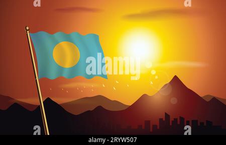 Bandiera Palau con sfondo al tramonto di montagne e laghi Illustrazione Vettoriale