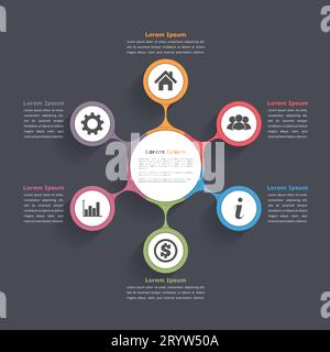 Infografiche con diagramma circolare con sei elementi con icone e testo, modello diagramma di flusso circolare, infografiche aziendali, modello diagramma piatto, ep vettoriale Illustrazione Vettoriale
