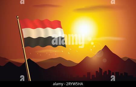 Bandiera dello Yemen con sfondo al tramonto di montagne e laghi Illustrazione Vettoriale