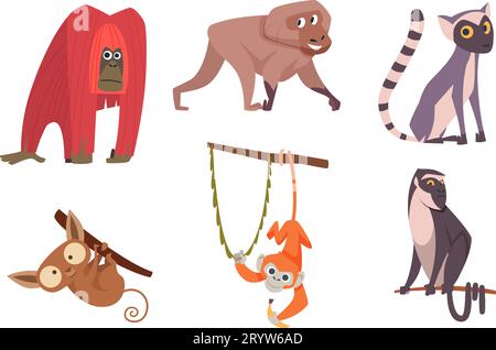 Scimmia. Gli animali selvatici dei cartoni animati in azione rappresentano un'esatta collezione di scimmie divertenti e vettoriali Illustrazione Vettoriale