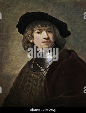 Rembrandt (1606-1669) Scuola olandese di Amsterdam: Rembrandt da giovane in cappellino e Gorgetta d'acciaio - Palazzo Pitti Firenze. Rembrandt Harmenszoon van Rijn, noto semplicemente come Rembrandt, è stato un pittore, incisore e disegnatore olandese del secolo d'oro. Un maestro innovativo e prolifico Foto Stock