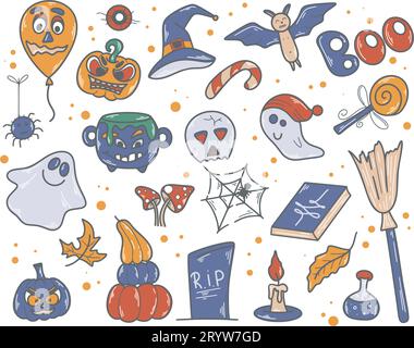 Elementi grafici disegnati a mano di Halloween: Zucca, fantasma, ragnatela, scopa, candela, tomba, caramelle, pipistrello e altri. Collezione di clip art per le vacanze autunnali Illustrazione Vettoriale
