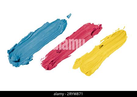 Tratti di pennello blu, rosso e giallo su sfondo bianco con tracciato di ritaglio Foto Stock