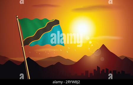 Bandiera della Tanzania con sfondo al tramonto di montagne e laghi Illustrazione Vettoriale