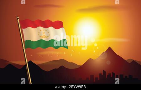 Bandiera del Turkmenistan con sfondo al tramonto di montagne e laghi Illustrazione Vettoriale