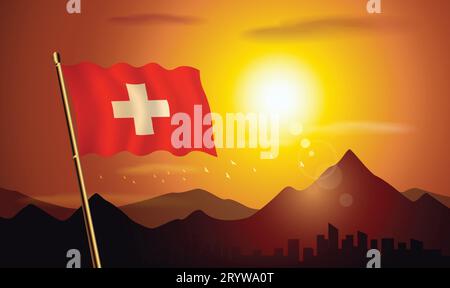 Bandiera della Svizzera con sfondo al tramonto di montagne e laghi Illustrazione Vettoriale