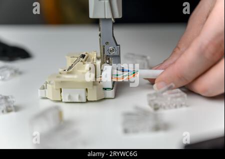 Crimpatura manuale del cavo di rete. Installazione di cavi Internet o della linea telefonica utilizzando un dispositivo di crimpatura. Foto Stock
