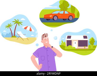 L'uomo sogni il futuro. Un ragazzo sognante pensa a casa e auto di viaggio, pianifica un sogno di una bolla di vita migliore, risparmia denaro per le vacanze illustrazione vettoriale di un ragazzo che sogna, pensa e sogna Illustrazione Vettoriale