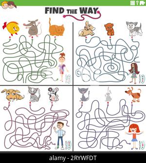 Illustrazione a cartoni animati di giochi puzzle Find the Way con personaggi comici per bambini e animali domestici Foto Stock