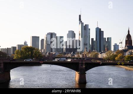 Captivating Frankfurt Skyline: A Sunset View from the Main River Stock Photo